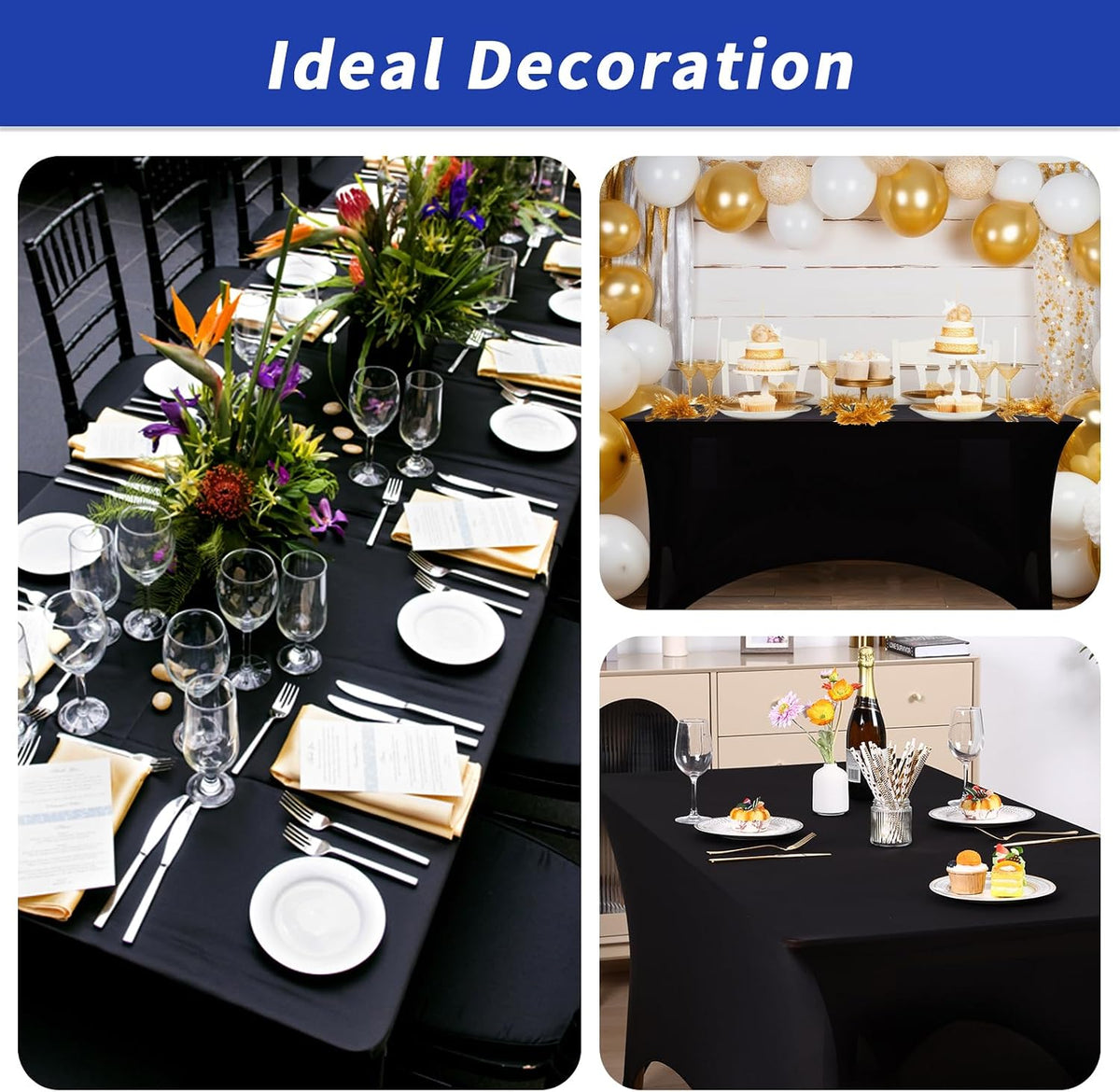 Fixwal 12 Pack 6FT Black Tablecloth Rectangle Spandex Fitted Table Cover