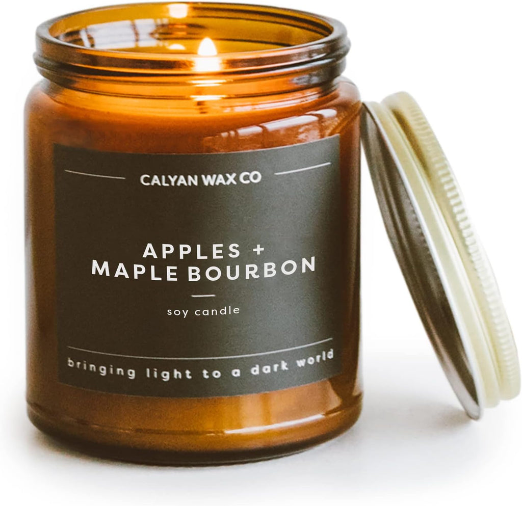 Calyan Wax Co. Apples & Maple Bourbon Scented Candle - 57 Hour Burn - Luxury Clean Soy Wax Candles - Long Lasting Amber Glass Jar Candle for Home - 7.2oz