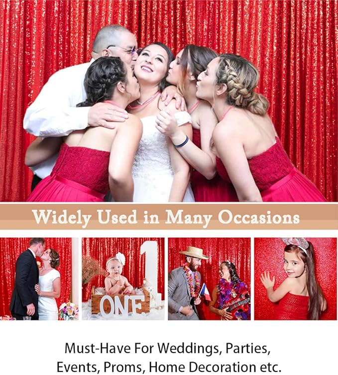 ShinyBeauty Sequin Curtains 2 Panels Red 2FTx8FT Sequin Photo Backdrop Red Sequin Backdrop Curtain Pack of 2-1011E