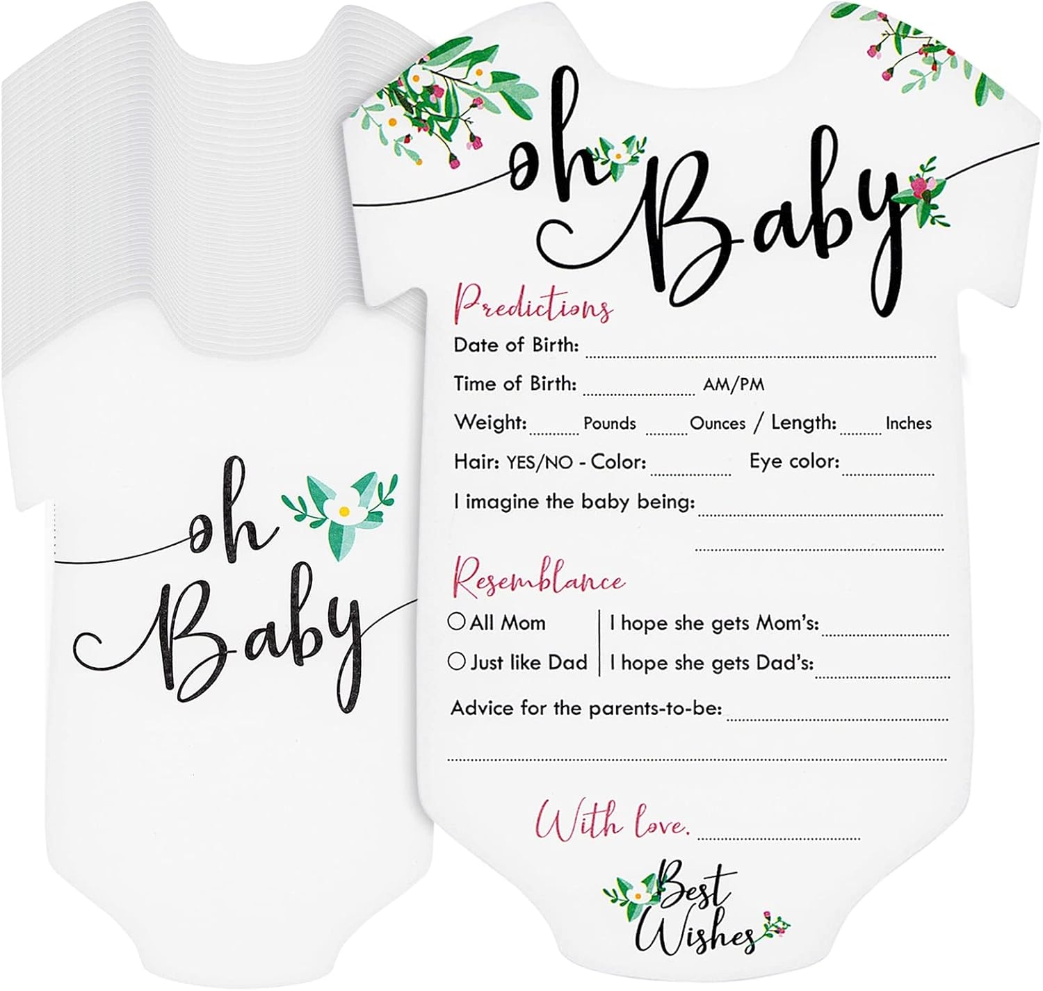 Sparkle and Bash Baby Prediction Cards - 5 x 7 in, Pack of 50, Black White Pink Floral - Baby Shower Predictions & Advice Cards for Parents-to-Be