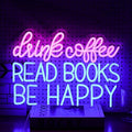 Drink Coffee Read Books Be Happy Neon Sign USB Powered Led Read Books Neon Light for Wall Decor Dimmable Pink Blue Neon Light Up Signs for Classroom Coffee Shop Bookstore Library Museum Study Room(16.5*12.6In)