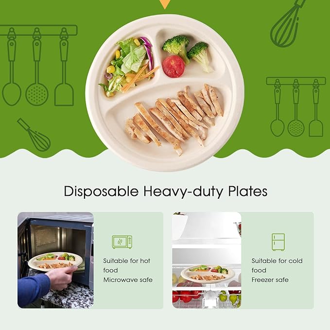 ECOLipak 125 Pack Compostable 3 Compartment Plates, 8.85 inch Heavy-Duty Disposable Paper Plates, Eco-Friendly Biodegradable Sugarcane Bagasse Divided Plate for Dinner