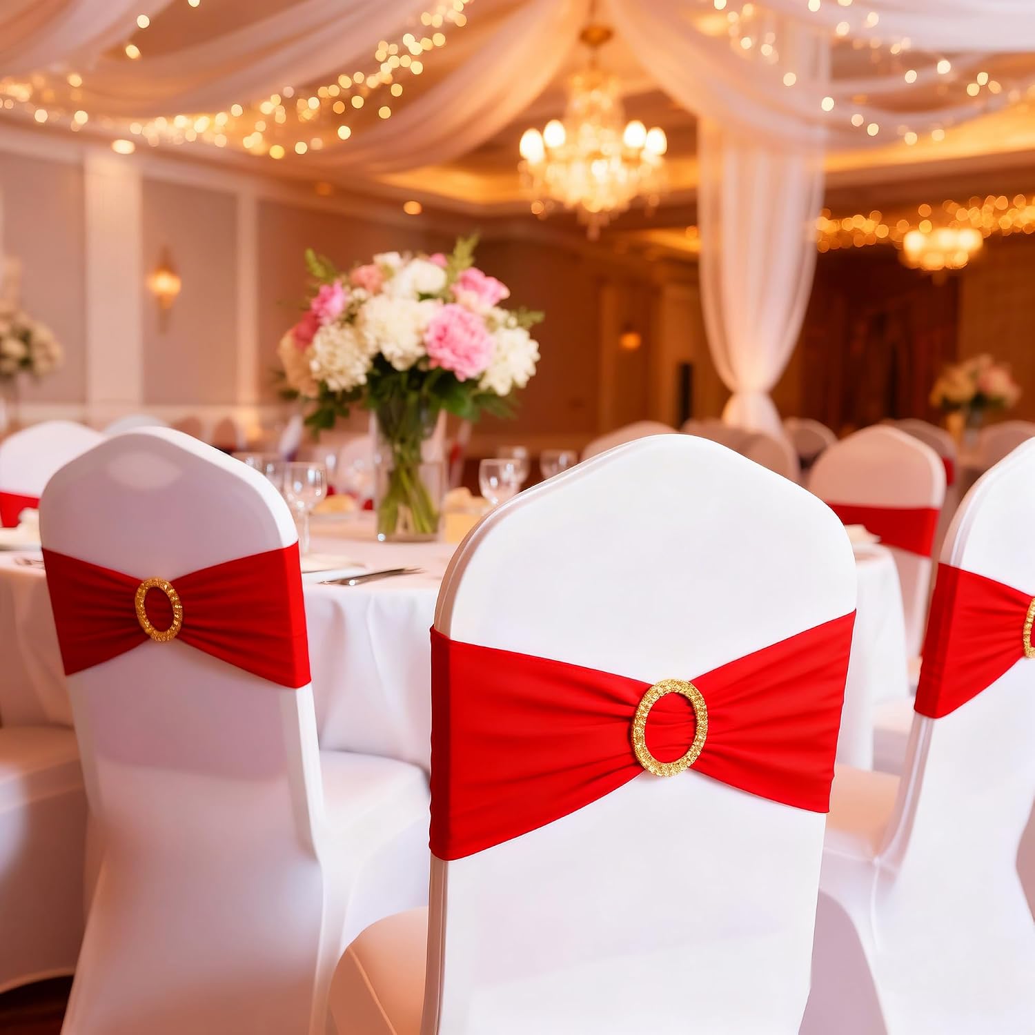 Pack of 50 Spandex Red Chair Sashes with Gold Buckles, Stretch Chairs Sashes for Wedding Party Baby Shower Ceremony Event Decorations Chair Bands Bows (Red Sashes, Gold Buckles)