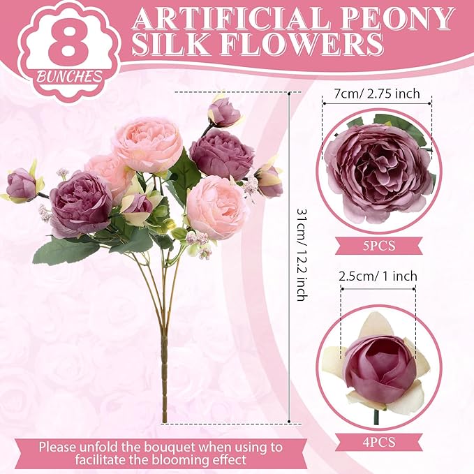 8 Bundles Artificial Peonies Flowers Boho Faux Flowers Arrangements Artificial Centerpiece Spring Bouquet Floral Wedding Decoration for Vase(Pink, Dark Pink)