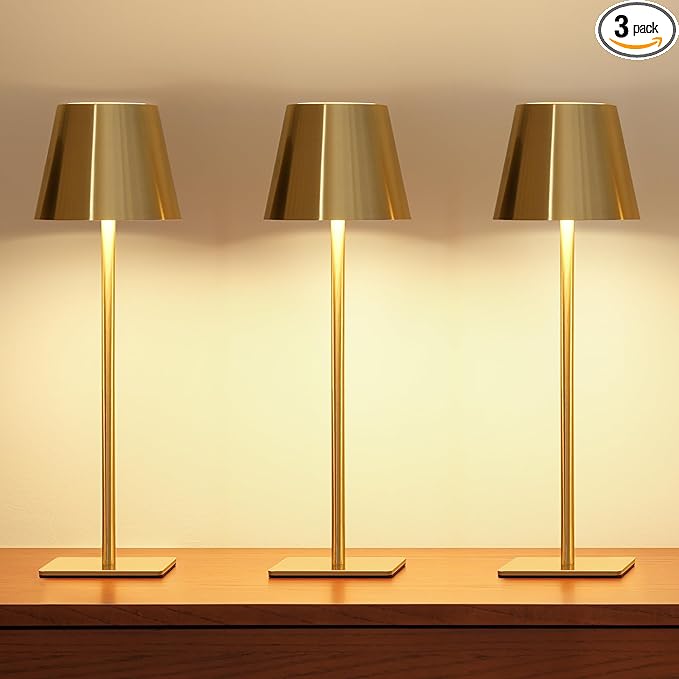 UME 3 Pack Cordless Table Lamp, Battery Operated Lamp - Portable Waterproof Rechargeable Table Lamp w/ 3 Color Temps & Stepless Dimming for Dinner, Desk, Cafe, Outdoor (Brushed Gold)