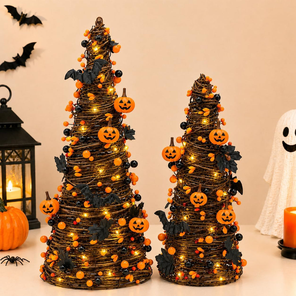 lighted halloween tabletop trees with timer, pumpkin bat, main product view