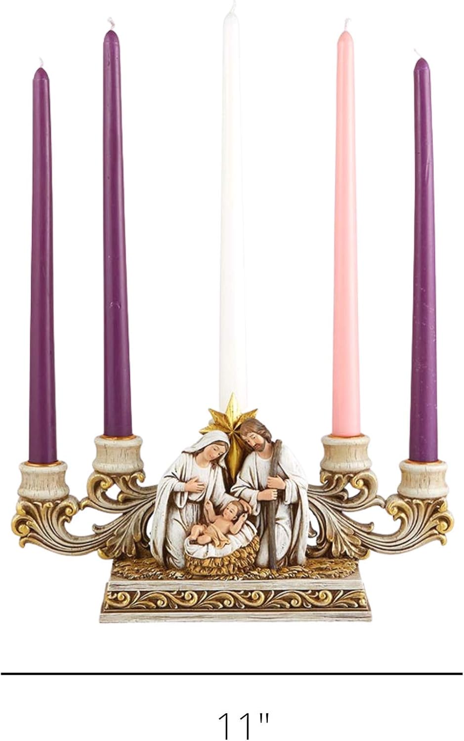 Needzo Advent Candle Holder, Gold Tone Holy Family Nativity Scene Centerpiece, Indoor Christmas Season Decoration, 11 x 6.5 Inches