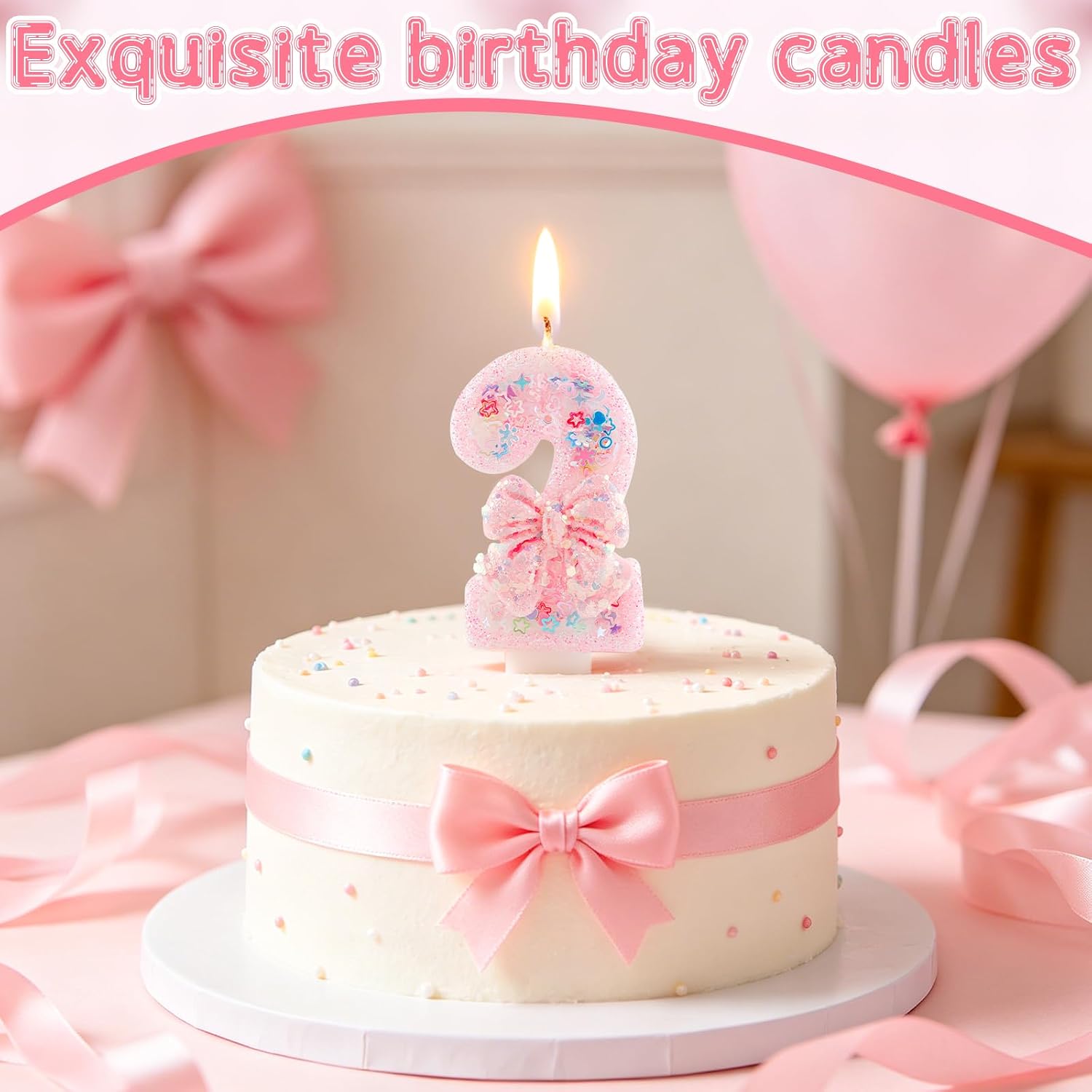 Pink Glitter Candle with Bow, Cute 5th Birthday Cake Topper, Number Candle with Confetti & Star Heart Decorations, Sweet Themed Birthday Party Supplies for Girls, Anniversary & Celebration Decor