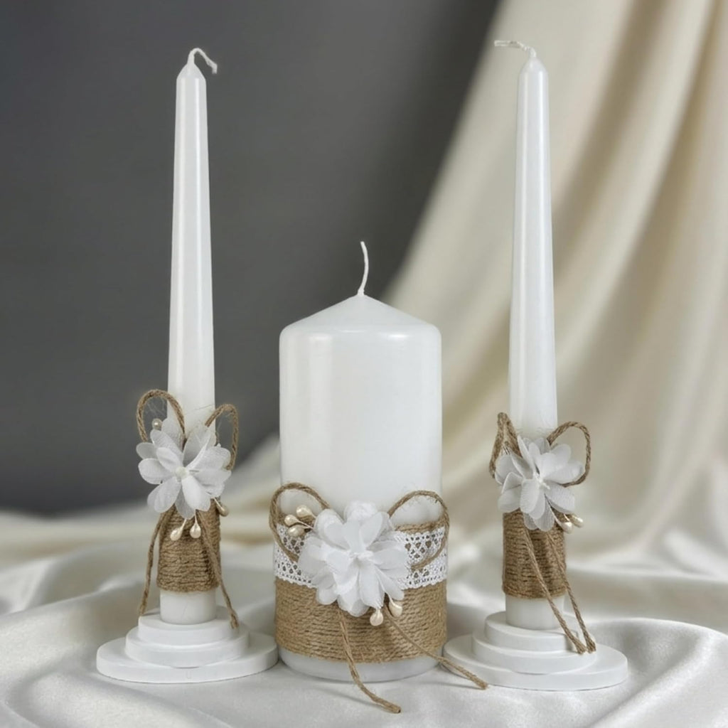 Unity Candle Set - Wedding Ceremony & Reception – 6” Pillar & Two 10” Taper Candles – Long Burning Wedding Unity Candles for Marriage Ritual – Home Decor- Handmade in USA – White | Rustic