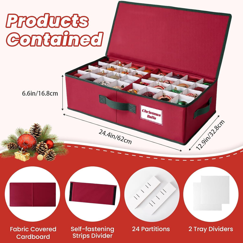 BlessedSeason Christmas Ornament Storage Box -Stores Up to 64 3” Balls, Holiday Ornaments Storage with Adjustable Dividers, Visual ID Window, Dual Zipper, Handles, Stackable, Foldable Fabric Organizer
