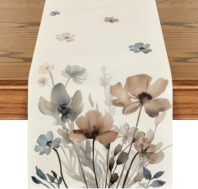 Artoid Mode Brown Poppy Floral Leaves Spring Table Runner, Seasonal Summer Kitchen Dining Table Decoration for Home Party Decor 13x48 Inch