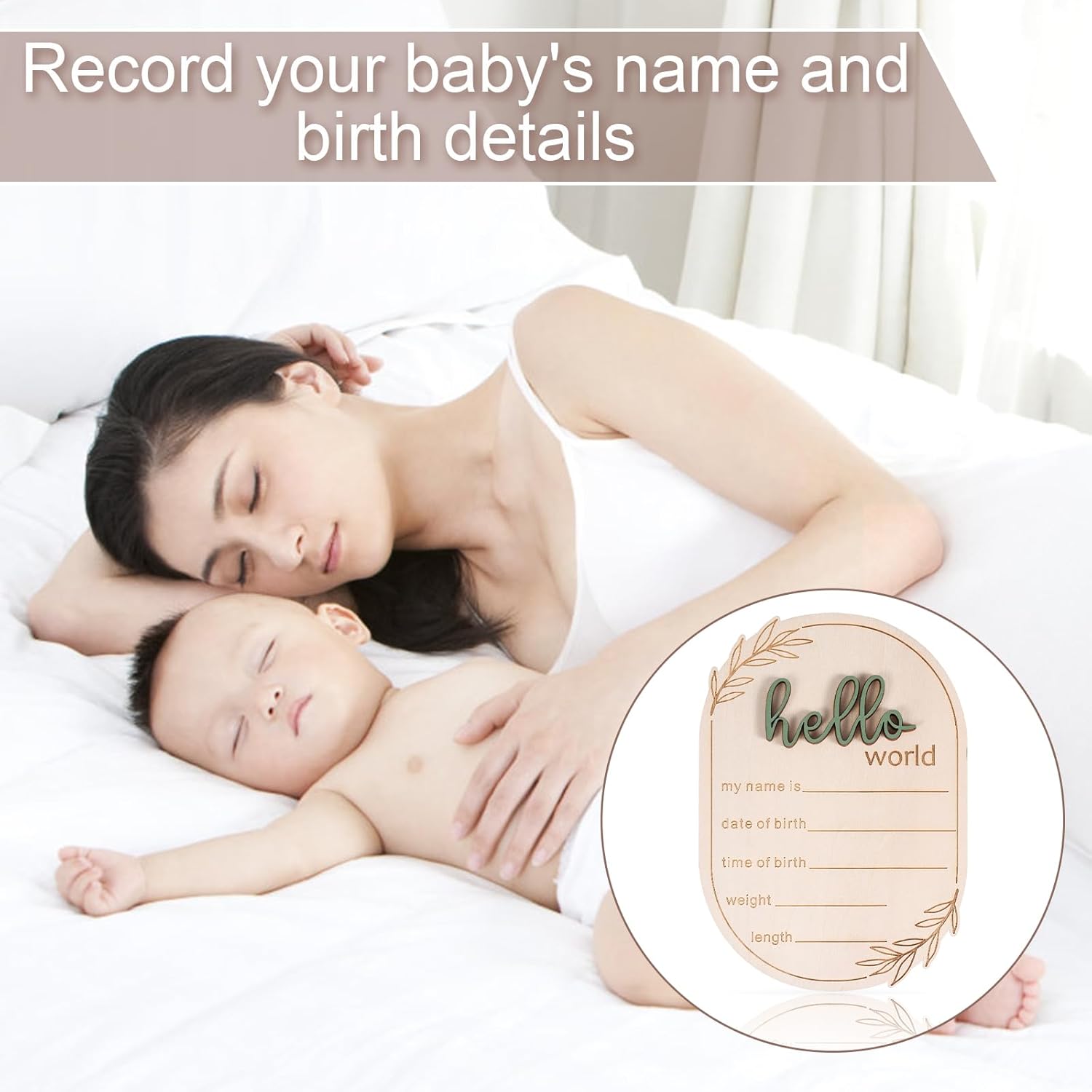 Baby Announcement Sign, 5.91x4.13 Inch Wooden Hello World Baby Name Sign Newborn Announcement Sign Birth Announcement Plaque for Home Hospital Nursery