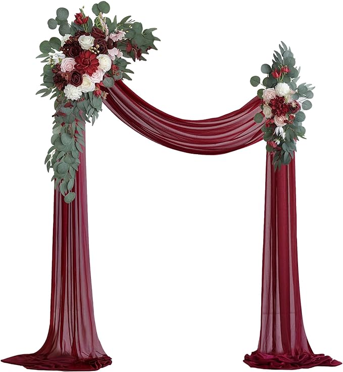 Burgundy Artificial Wedding Arch Flowers Kit (Pack of 3) with 26Ft Burgundy Shiny Arch Draping Fabric for DIY Wedding Party Ceremony Reception Backdrop Floral Decoration