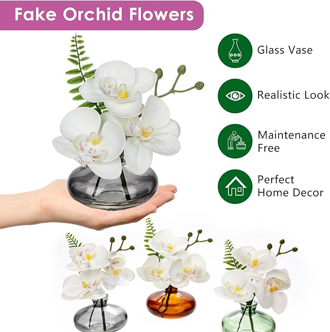 White Orchids Artificial Flowers Faux Orchids Arrangement in Black Glass Vases Set of 3 Real Touch Phalaenopsis Orchid Flowers Small Fake Orchid Centerpiece for Dining Room Table