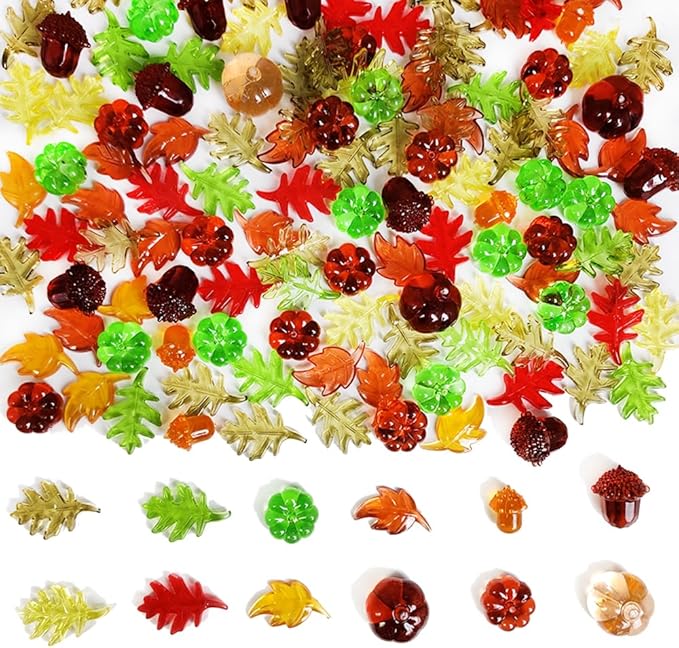 HappyFiller Fall Thanksgiving Autumn Harvest Decoration 135 Pcs Sensory Bin Filler,Small Acrylic Pumpkins,Acorns,Leaf Beads,Table Scatters Gems,Vase Fillers,Home Accents,Brown Yellow Orange Green Mix