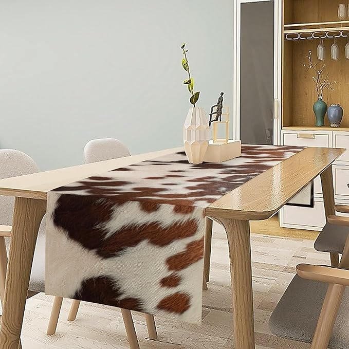 Farmhouse Cow Skin Print Table Runner, Safari Wildlife Brown Country Farm Cowhide Pattern Cotton Linen Rustic Cottage Table Runner for Dinning Home Party Holidays Home Setting, 13x36 Inch