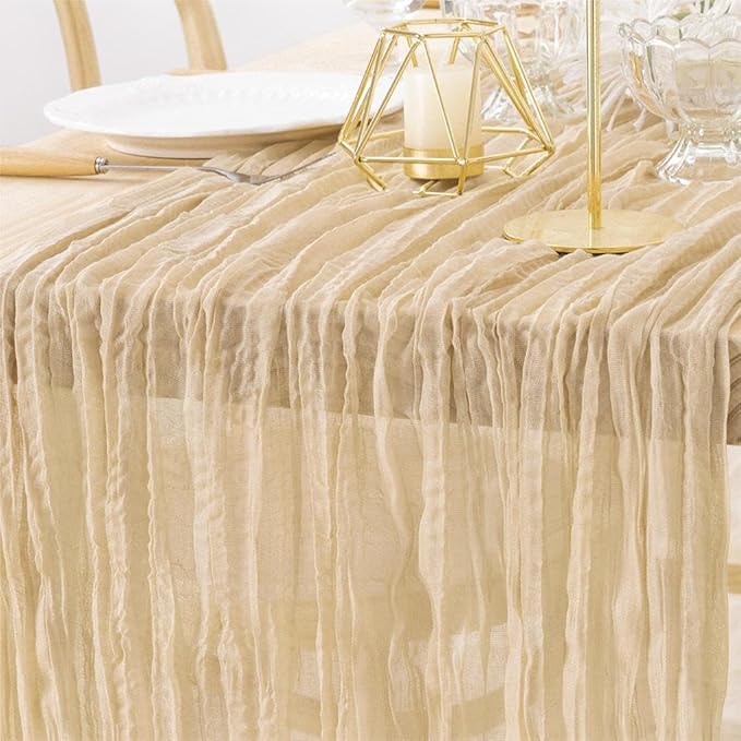 MLMW 3 Pack Champagne Gold Table Runner Cheesecloth Boho Gauze Rustic Cheese Cloth 160 inch Sheer Wedding Table Runner 13.3ft for Thanksgiving Party Baby Bridal Shower Birthday