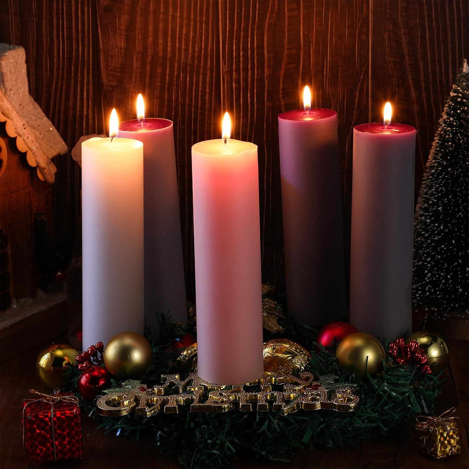 Cindeer 2 x 7 Inch Advent Candles Set of 5 for Advent Wreaths Candle Holder Votive Purple Pink Christmas Pillar Scented Candles for Seasonal Celebration Home Church