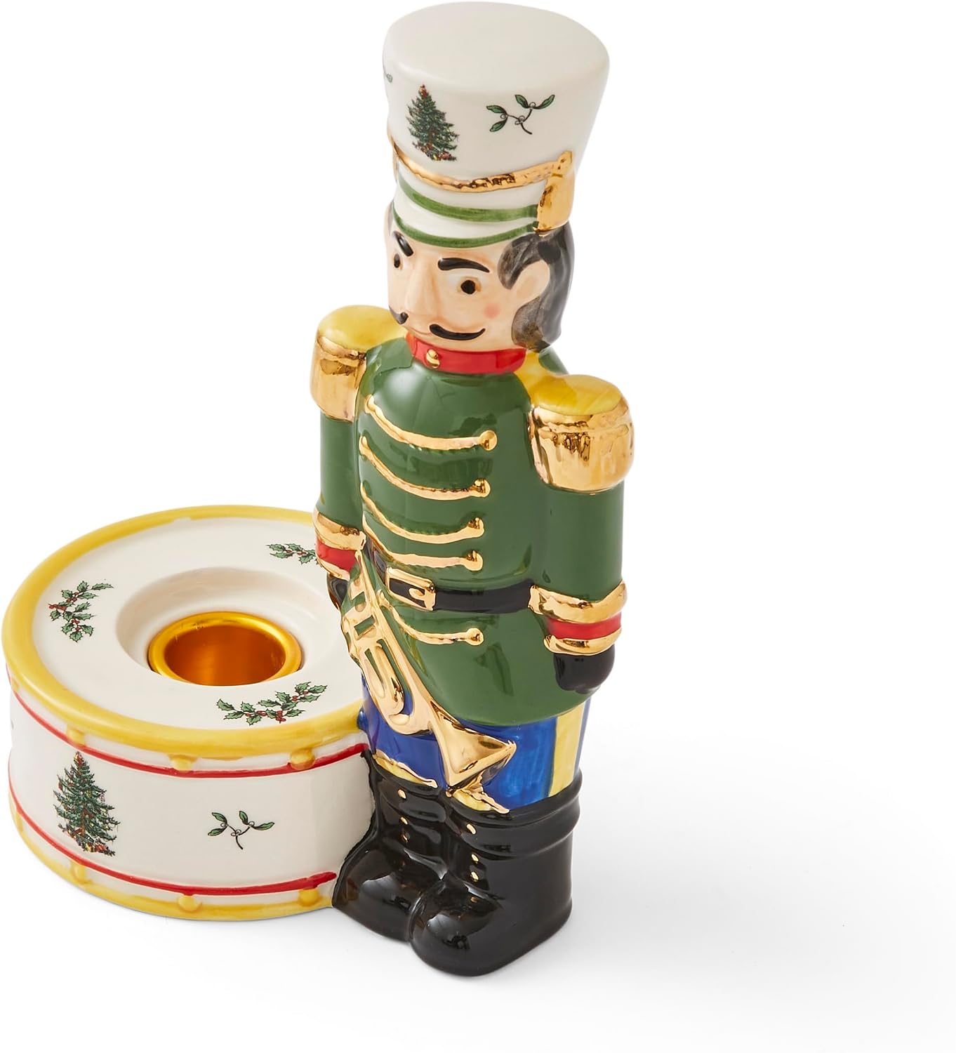 Spode Christmas Tree Nutcracker Candle Holder, 7" Festive Holiday Decoration - Christmas Traditions Home Decor, Earthenware Candle Holder for Tealight Candles - Unique Christmas Centerpiece (Green)