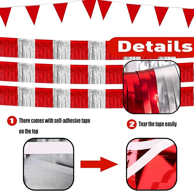 6 Pack 10 Feet Red Silver Foil Fringe Garland Metallic Tinsel Streamers Banner Wall Hanging Curtain Backdrop Banner for Parade Floats, Thanksgiving, Christmas, Birthday, Halloween Party Decorations