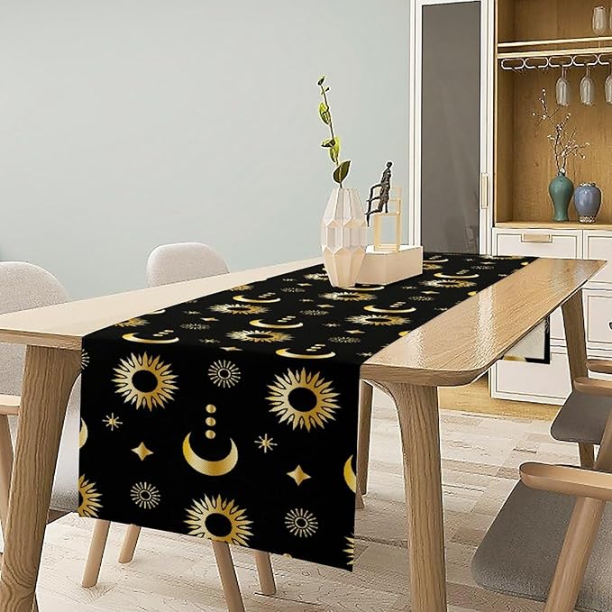 Magic Gold Sun Moon Stars Table Runner Mystical Farmhouse Rustic TableRunner for Party Holiday Dining Room Kitchen 13x90 Inch