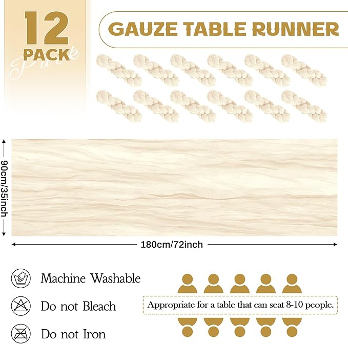 Aktor 12 Pack Ivory Table Runner Boho Cheesecloth Table Runner Semi Sheer Gauze Fabric Runners for Wedding Birthday Baby Shower Party Boho Table Decoration（Ivory）