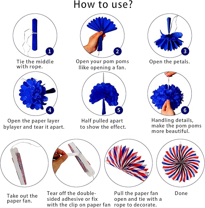 26Pcs 4th of July Decorations Patriotic Decor USA Flag String Red White Blue Paper Fans Star Streamer Pom Poms Hanging Swirls for Memorial Day,Fourth of July,Armed Forces Day,Flag Day