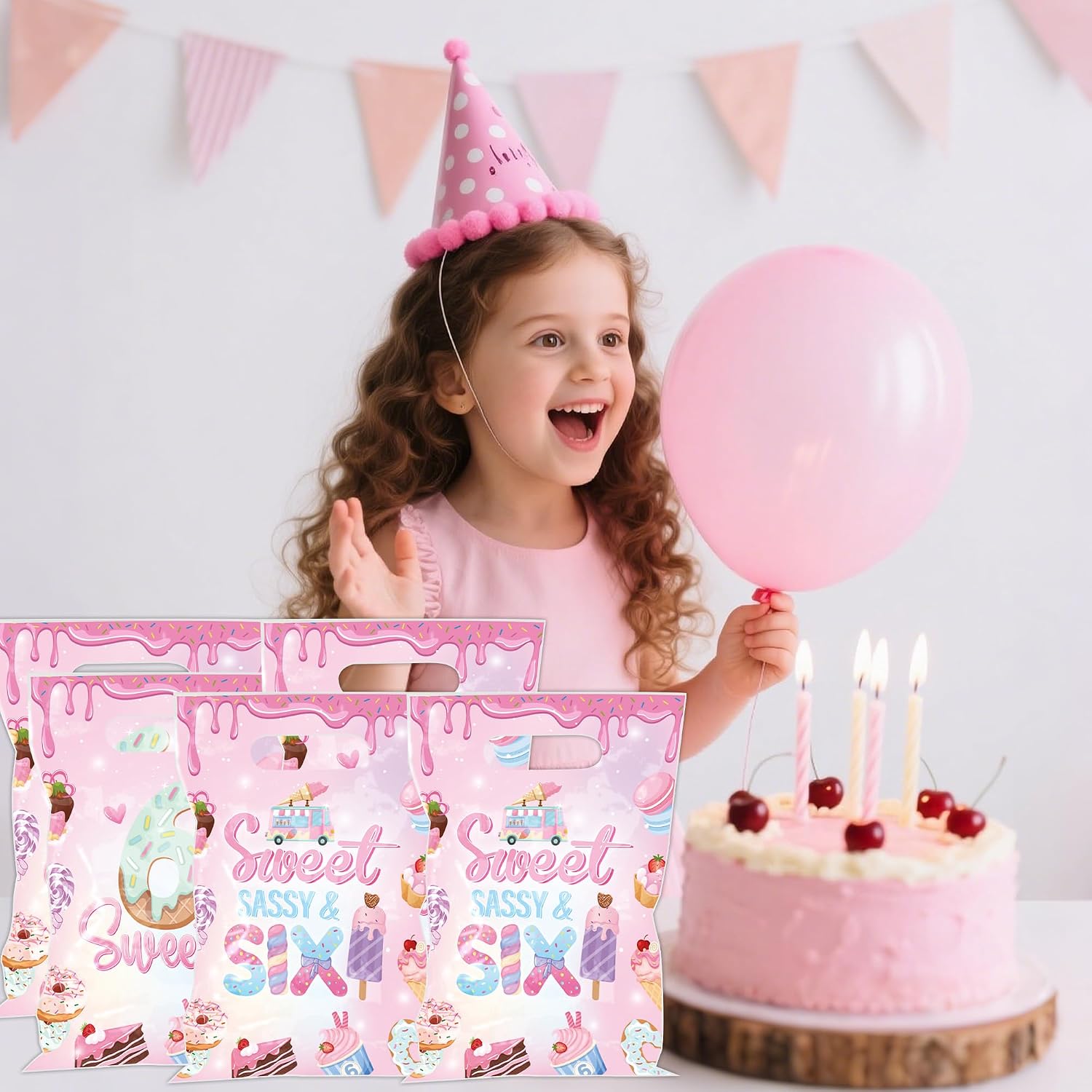EoBeCy Sweet Sassy and Six Birthday Decorations for Girls, 50 Pcs 6th Birthday Plastic Treat Candy Goodie Treat Gift Bags with Handles, Pink Donut Ice Cream Themed 6 Year Old Party Favor Bags