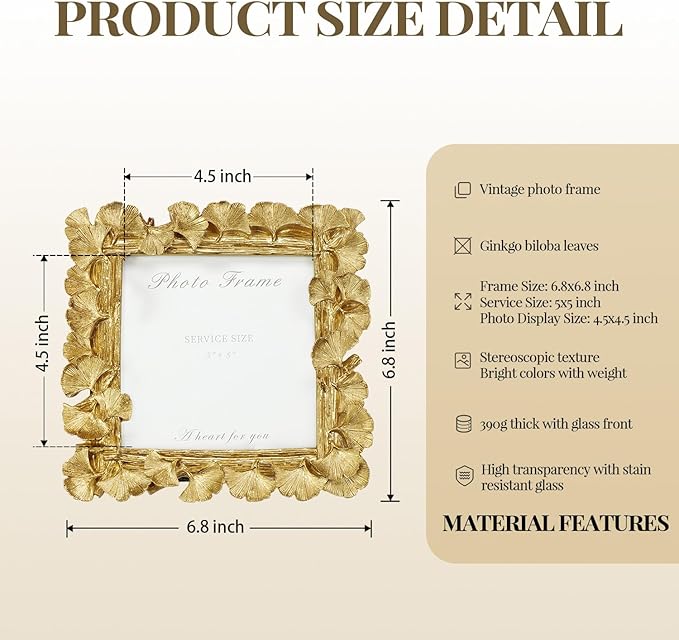 Cuspin Vintage Gold 5x5 Picture Frame, Gold Ornate Leaf Textured Hand-Crafted Resin with Glass Front, Antique Square Photo Frame for Tabletop Display, Retro Design Home Decor