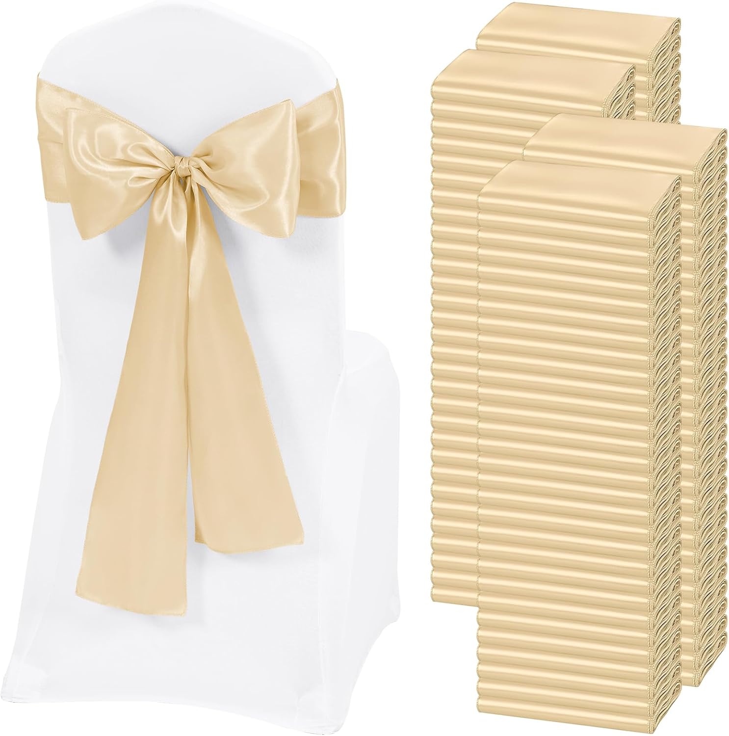 120 PCS Champagne Satin Chair Sashes, Ties Bows Designed Chairs Decorative, Chair Cover Sashes for Thanksgiving Wedding Christmas Banquet Party Home Kitchen Decoration (7 x 108 inch)