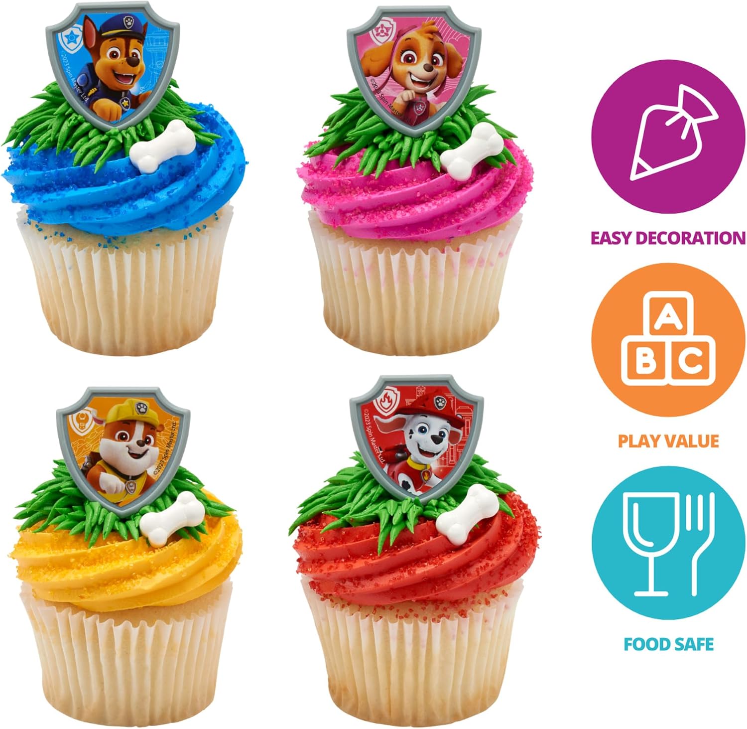 DecoPac Paw Patrol Reporting For Duty Rings, Cupcake Decorations Featuring Chase, Marshall, Skye, And Rubble - 24 Pack