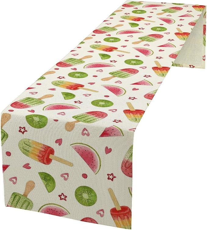Summer Popsicles Table Runner, Colorful Watercolor Ice Cream Loves Heart Seasonal Dinner Runner for Party Holiday Home Kitchen Dining Table Decor 13"x108"