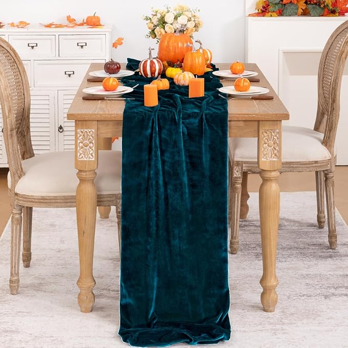 Peacock Green Velvet Table Runner Fall Thanksgiving Turquoise Table Runner 20 x 120 Inch Luxurious Elegant Velvet Fabric Table Decorations for Christmas Dinner Wedding Bridal Baby Shower