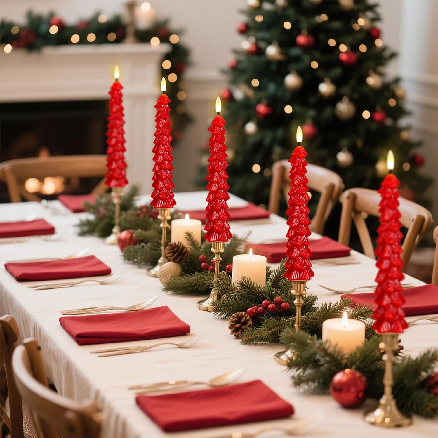 Christmas Tree Candles Battery Operated, Red Waxy Christmas Tree Flameless Taper Candles with Remote Timer, Set of 4 LED Flameless Candlesticks for Xmas Holiday Home Winter Decor(0.78”x9.8”)