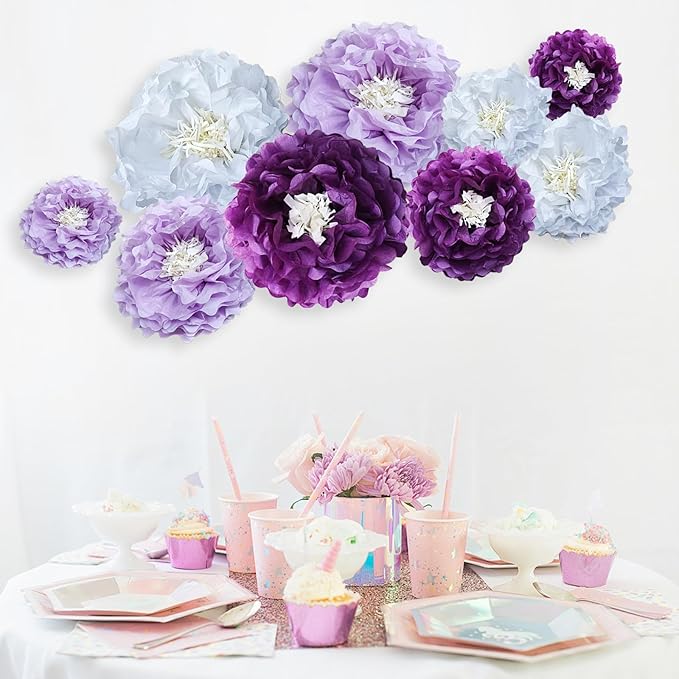 Purple Paper Flower Pom Poms Wall Decorations for Sweet Party Background, Birthday, Bachelor Party, Baby Shower, Graduations, Tea Parties
