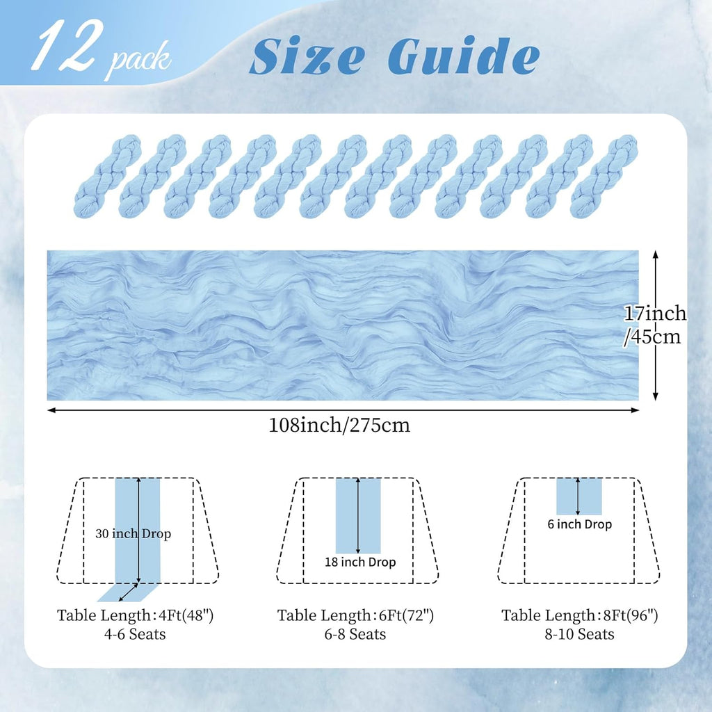 12 Pack Baby Blue Cheesecloth Table Runner 17x108 Inch Semi Sheer Boho Gauze Cheese Cloth Fabric Table Runners, for Wedding Party Baby Shower Birthday Home Decor Garden Farmhouse