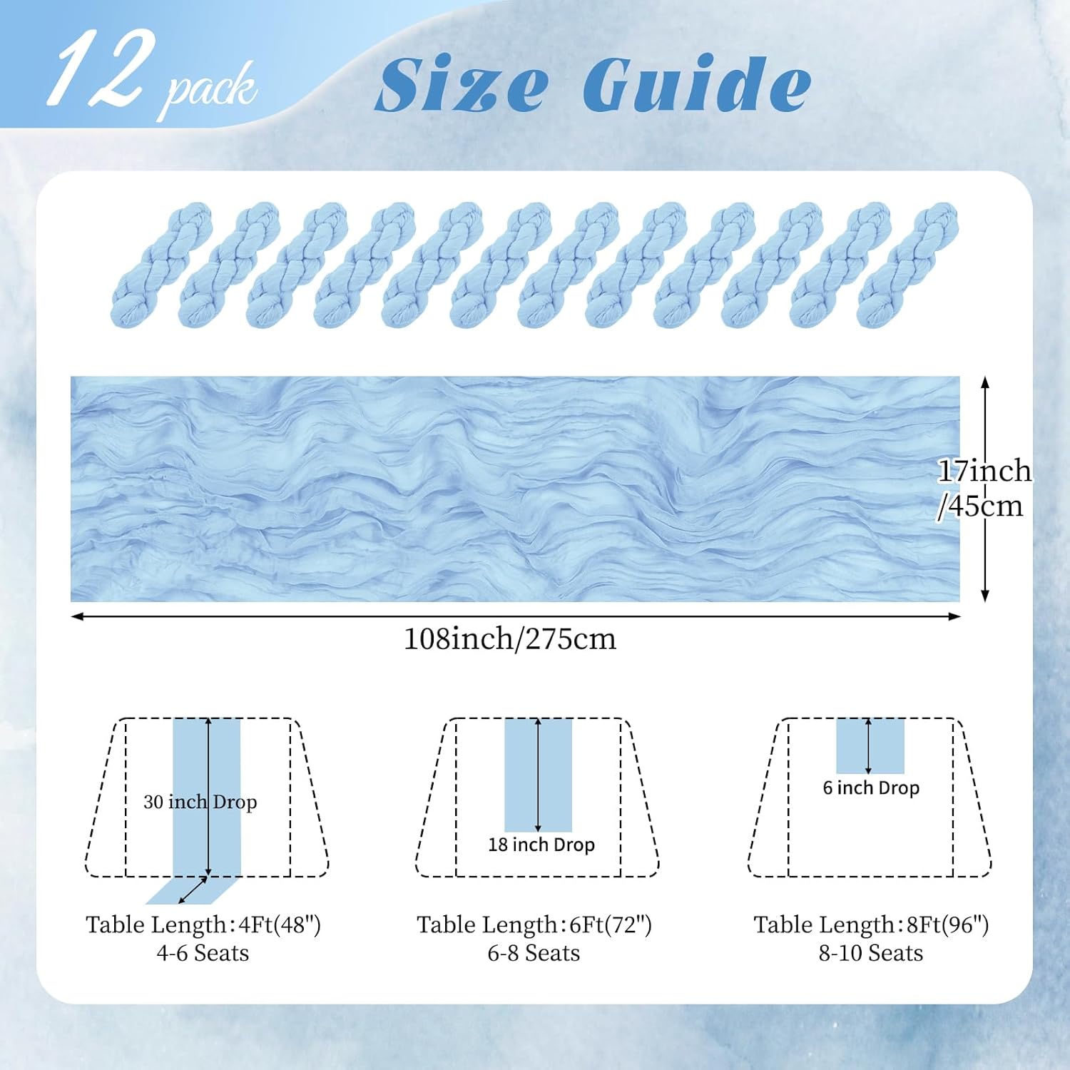 12 Pack Baby Blue Cheesecloth Table Runner 17x108 Inch Semi Sheer Boho Gauze Cheese Cloth Fabric Table Runners, for Wedding Party Baby Shower Birthday Home Decor Garden Farmhouse