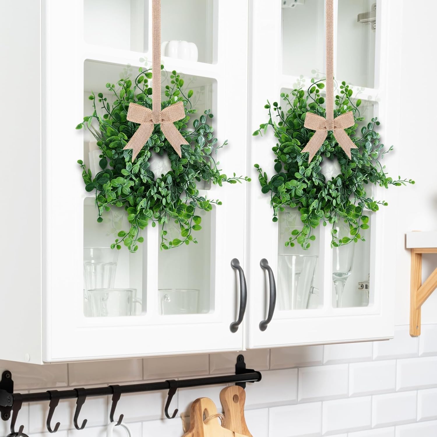 Mini Green Boxwood Candle Rings Wreaths Spring Summer Kitchen Cabinet Swags Wreath 3 Inch Wedding Rings Wreaths Pillar Candle Holder for Wedding Home Door Tabletop Decor (4, Green Boxwood)