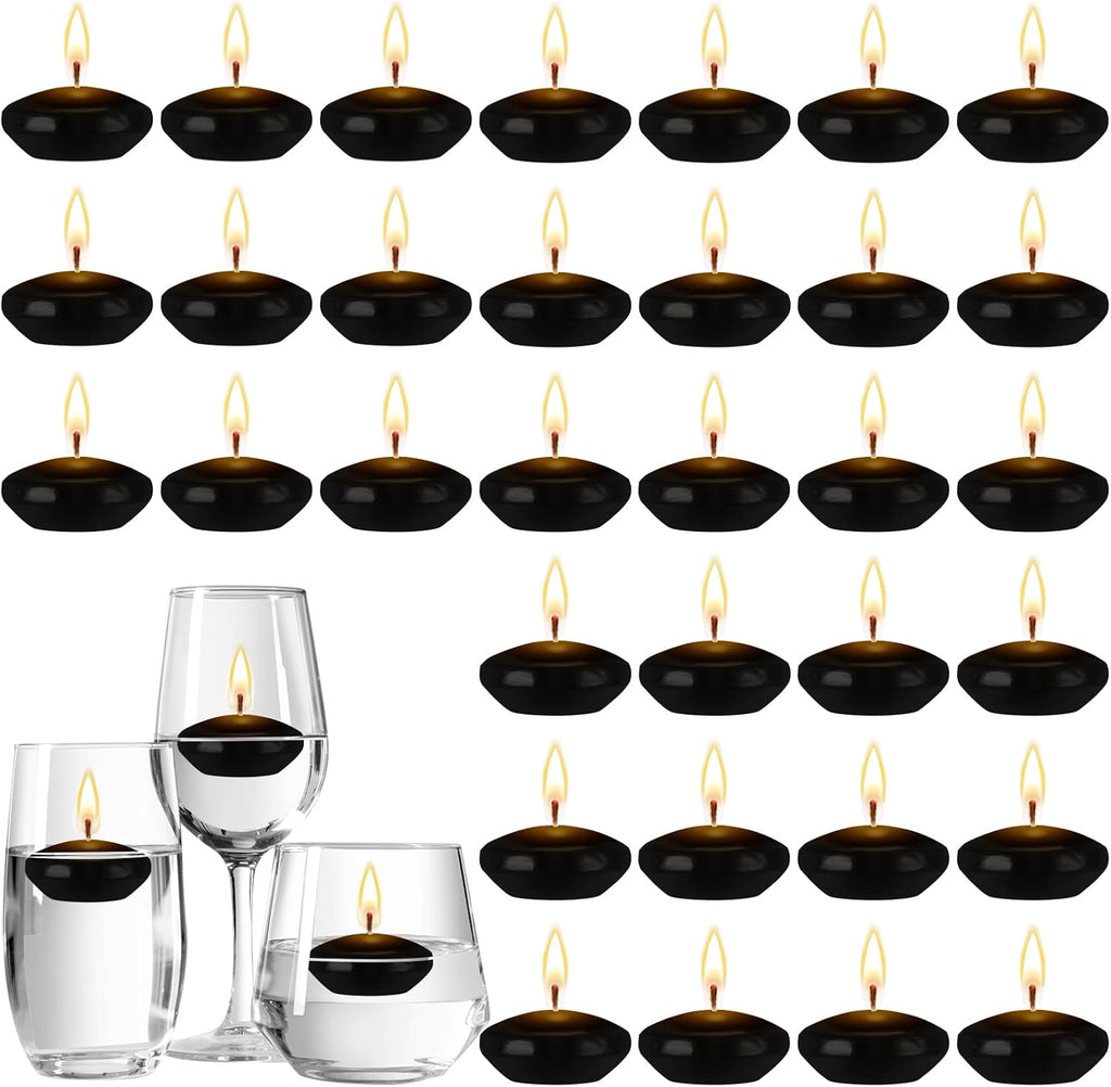 Nuanchu 30 Pcs Black Floating Candles Centerpieces Bulk 1.5 Inch Small Unscented Votive Floating Candles Decoration for Wedding Anniversary Holiday Party Gifts Home Pool Decor
