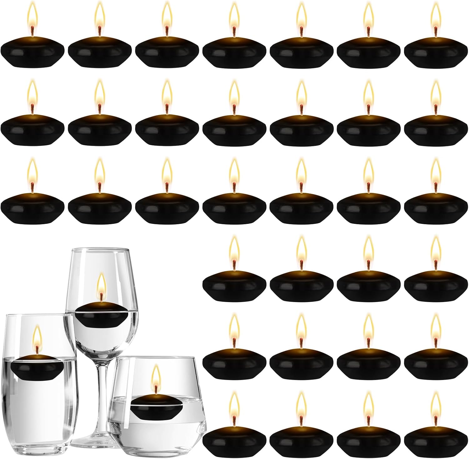 Nuanchu 30 Pcs Black Floating Candles Centerpieces Bulk 1.5 Inch Small Unscented Votive Floating Candles Decoration for Wedding Anniversary Holiday Party Gifts Home Pool Decor