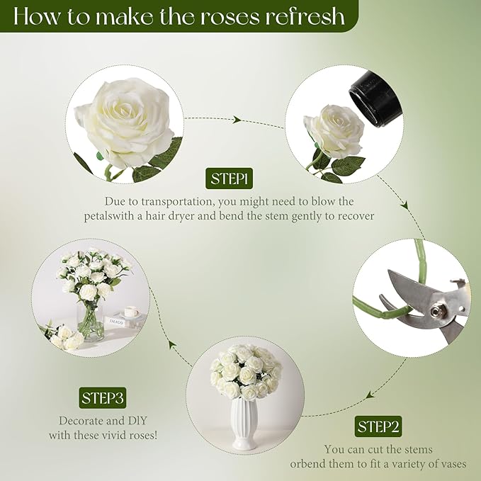 Tifuly White Roses Artificial Flowers -12 pcs Realistic Single Long Stem Fake Silk Roses Bouquet for Party Home Wedding Centerpiece Office DIY Decor（Off White）