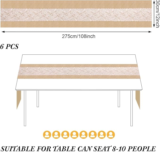 Xinnun 6 Pack Burlap Table Runner with LED String Lights, Modern Rustic Lace Natural Vintage Boho Jute Wedding Table Decor for Farmhouse Thanksgiving Christmas(Classic Style,12x108 Inches)