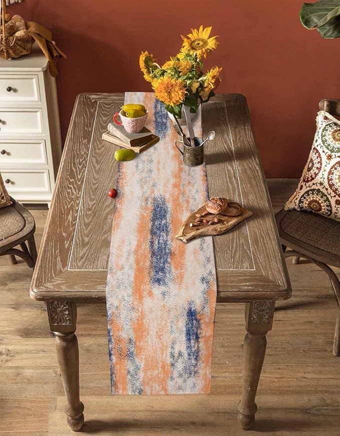 Vintage Oil Painted Cotton Linen Table Runner for Dining Kitchen, Wedding Outdoor Party Tablerunners Decoration, Abstract Modern Orange Minimalist Dresser Scarf Coffee Tablecloth Runners 13x90 Inches