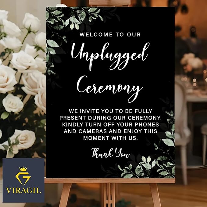 Unplugged Ceremony Wedding Sign – Elegant Greenery Design for Outdoor Weddings – Turn Off Phones & Cameras – Rustic Floral Yard Sign