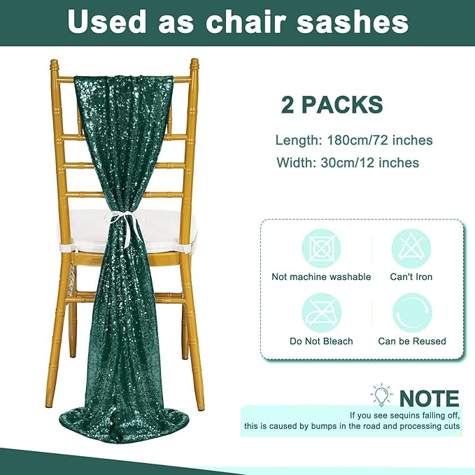Sequin Table Runners 2 Pieces Emerald Green Table Runners 12x72 Inch Glitter Dining Table Cover for Party Wedding Birthday Reception Banquet Decoration Spring Party Chair Sashes