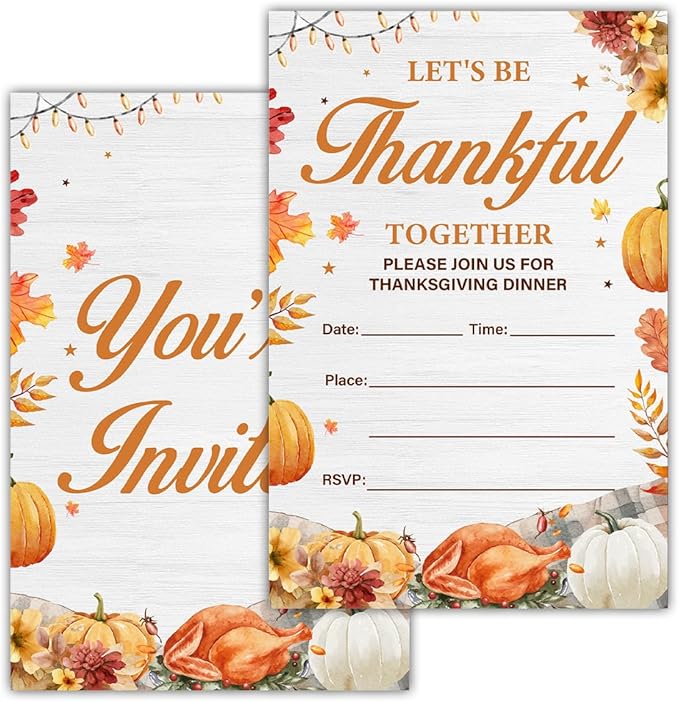Thanksgiving Party Invitations, Fall Pumpkins Friendsgiving Thanksgiving Dinner Party Fill in Invites Cards With Envelopes (20 Count) Double Sided Design, Let's be Thankful Together