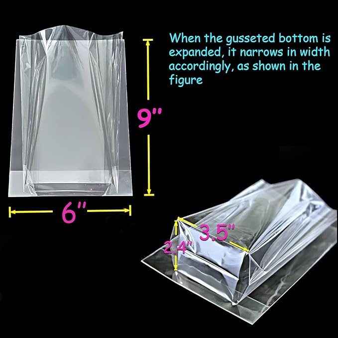 PigPotParty 6"x 9", 100Pcs Bottom Gusset Bags, Clear Plastic Cellophane Treat Goodie Bags with Ties for Party Favor, Candy, Cookie, Popcorn, Small Gift Wrapping (No Side Gusset)