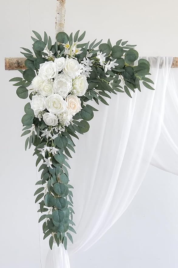 White Artificial Wedding Arch Flowers Kit (Pack of 3) with 26Ft White Shiny Arch Draping Fabric for DIY Wedding Party Ceremony Reception Backdrop Floral Decoration