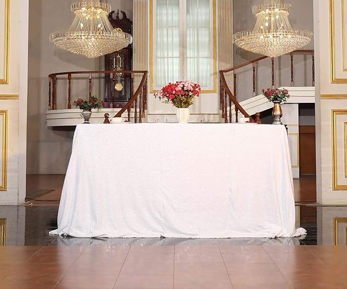 SquarePie Sequin Tablecloth 50 x 72 Inch White Sparkly Table Linen for Wedding Party