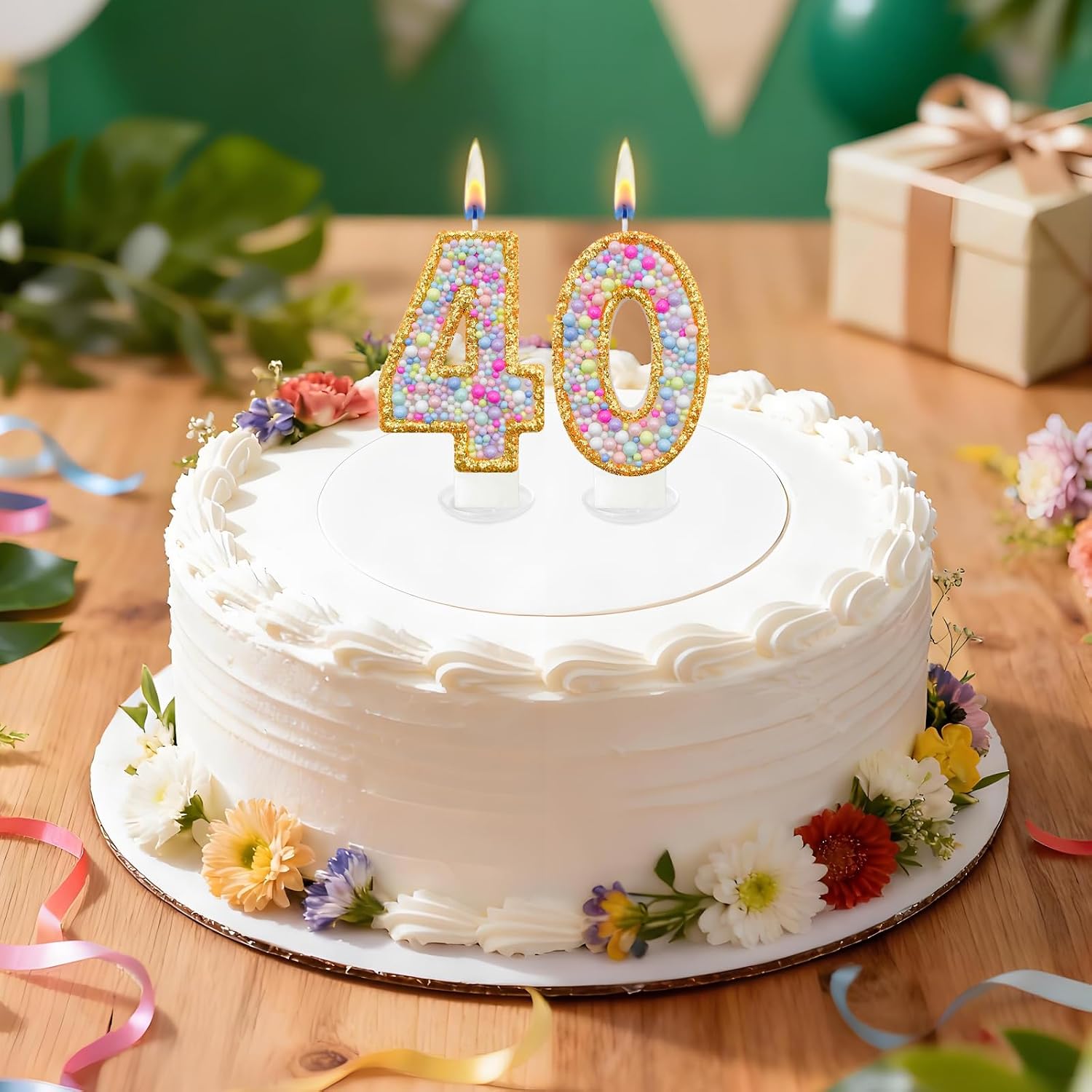 Number 40 Birthday Candle with Gold Glitter Border and Colorful Bead Design, Cake Topper Decoration for Boys Girls